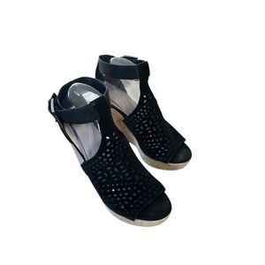 Marc Fisher Size 8.5 Black MFHasina Laser Cut Suede Platform Wedge Espadrilles